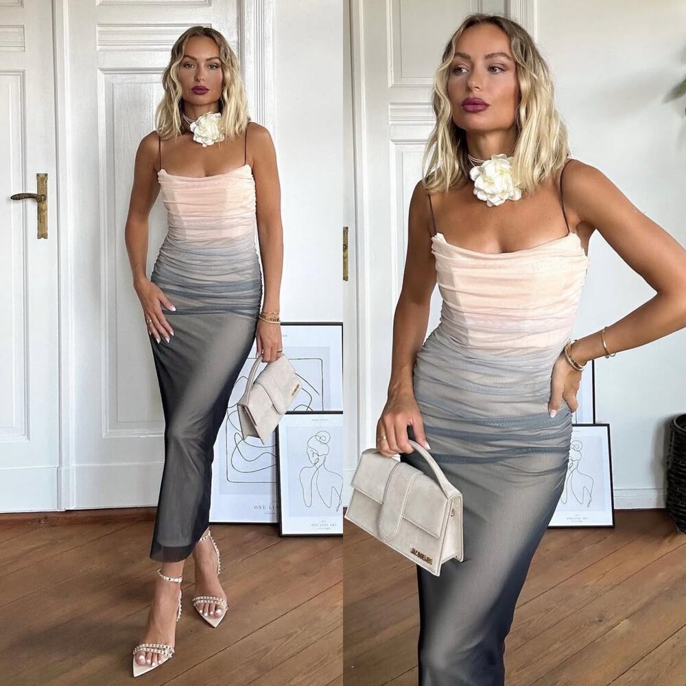 ZARA MESH CORSET OMBRE RIUCHED MIDI DRESS GREY / BEIGE  3067/264